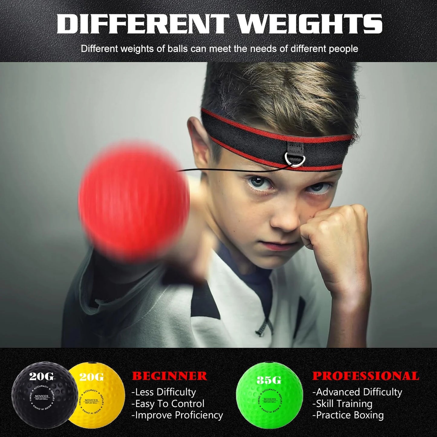 Professional Boxing Reflex Ball Training Set - Features 4 Varied Balls and 2 Adjustable Headbands for Enhanced Reflex, Timing, Accuracy, Focus, and Hand-Eye Coordination in Boxing, MMA, and Krav Maga
