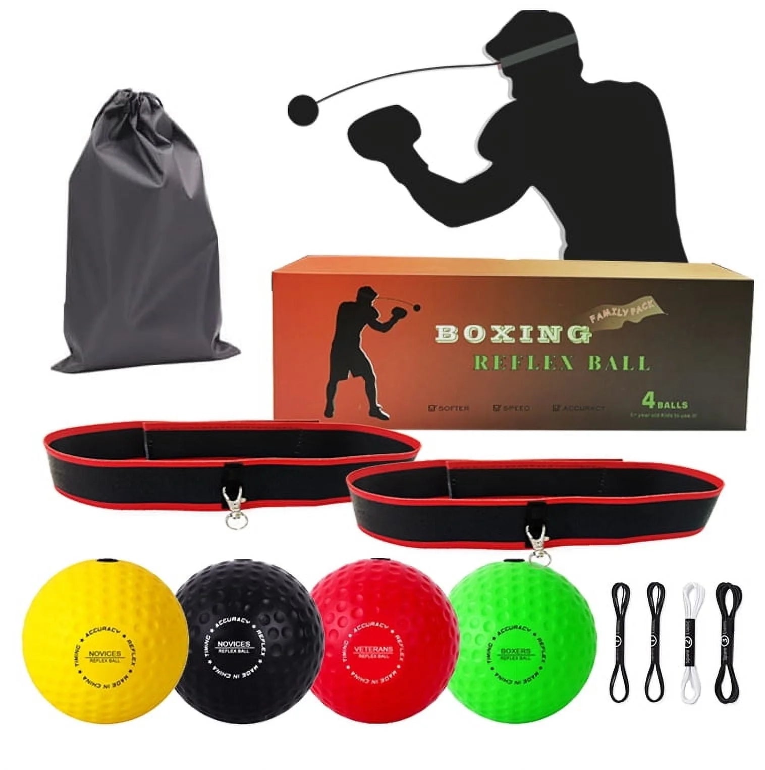 Professional Boxing Reflex Ball Training Set - Features 4 Varied Balls and 2 Adjustable Headbands for Enhanced Reflex, Timing, Accuracy, Focus, and Hand-Eye Coordination in Boxing, MMA, and Krav Maga
